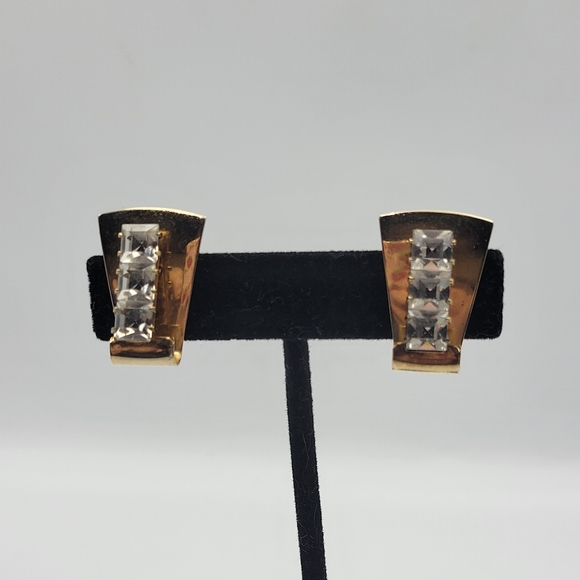 Vintage goldtone art deco clip on CZ earrings - Picture 4 of 8